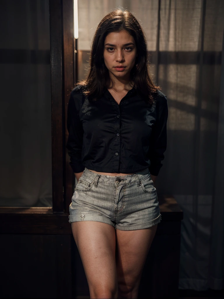 a woman in a shirt and shorts, sensual, full body, moonlight background, detailed facial features, beautiful eyes and lips, highly detailed, photorealistic, 8k, masterpiece, cinematic lighting, dramatic shadows, warm color tones, serene atmosphere
