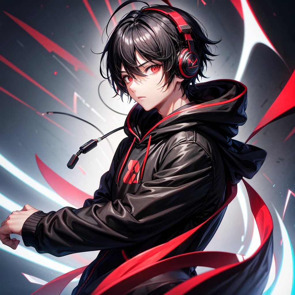 Black hair boy,Anime,black and red hoodie, name light background, headphones on head