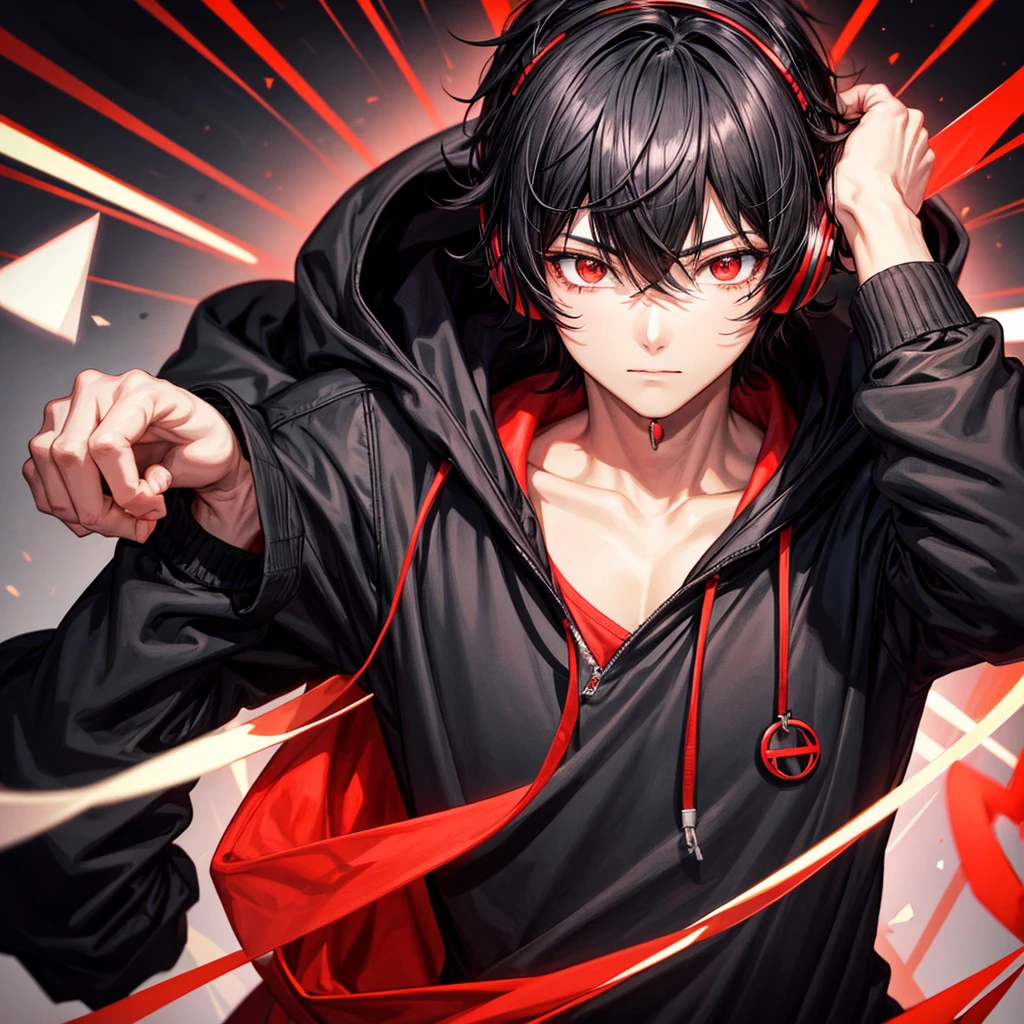 Black hair boy,Anime,black and red hoodie, name light background, headphones on head