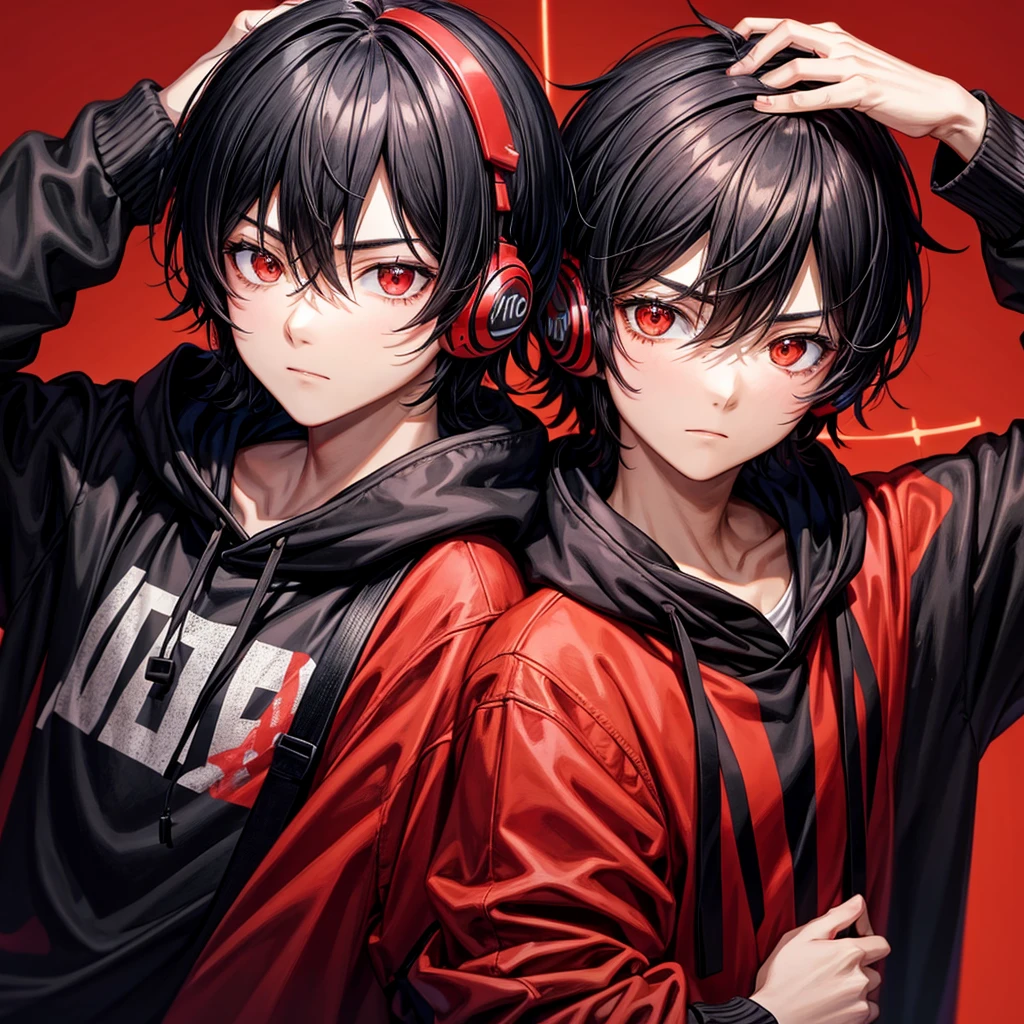 Black hair boy,Anime,black and red hoodie, name light background, headphones on head