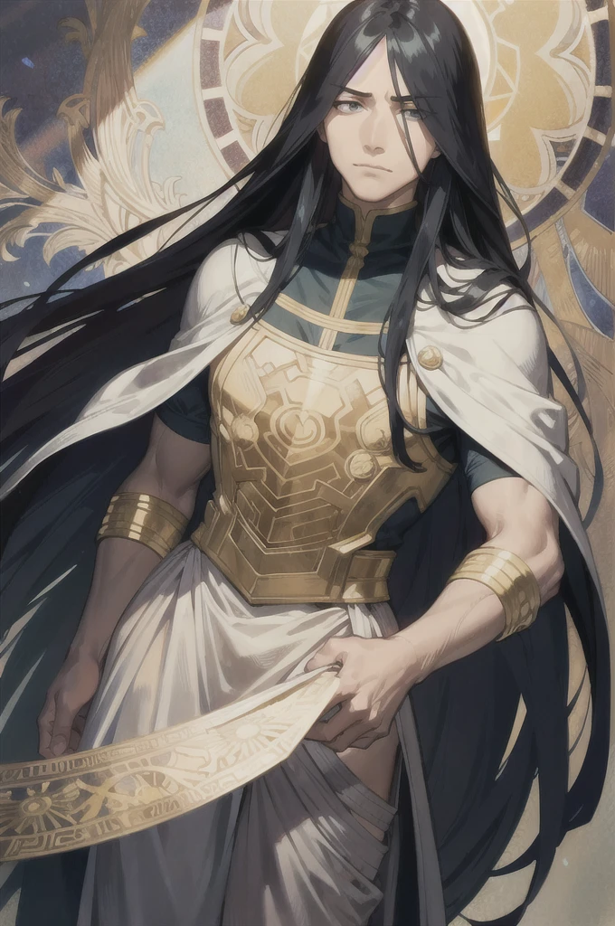 face portrait of a my hero academia custom male character , long straight hair, black hair , UA highschool backround, Decorative panels, by Alphonse Mucha
(Masterpiece, Best Quality, Highres:1.4), Detailed, Intricate Details, 4K, line art