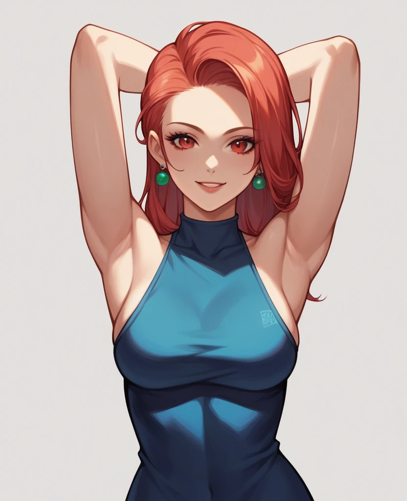 arms up,Sleeveless,official style, {{sage (dq3), dragon quest iii}}, very aesthetic, best quality, intricate, overall detail, 1 girl, red eyes, standing, light smile, simple background, facing the front, looking at viewer, straight-on, close to viewer, cowboy shot, solo focus, intricate, (highly detailed),