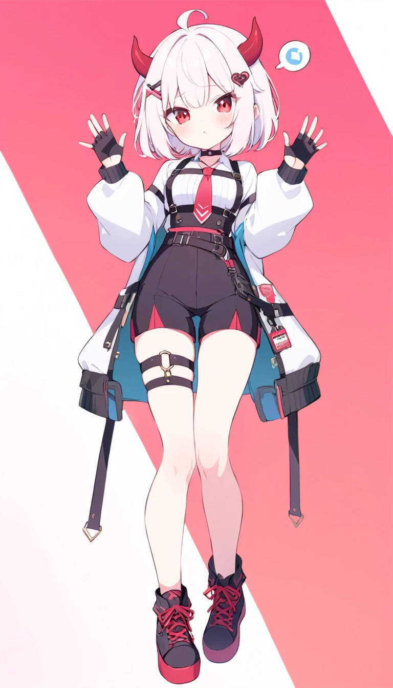 Teenage girl, devil girl, small red horns, white hair, short fluffy hair, big red eyes, pale skin, blushing cheeks,red cheeks, brown eyes, hair ornament, white shirt, long sleeves, pink tie, black choker, harness, name tag, multiple belts, high waist shorts, black shorts, thigh strap, fingerless glove, simple glove, full body, alone