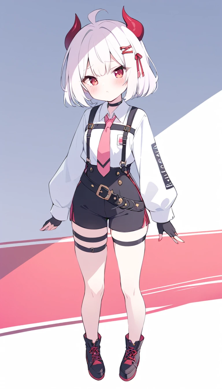 Teenage girl, devil girl, small red horns, white hair, short fluffy hair, big red eyes, pale skin, blushing cheeks,red cheeks, brown eyes, hair ornament, white shirt, long sleeves, pink tie, black choker, harness, name tag, multiple belts, high waist shorts, black shorts, thigh strap, fingerless glove, simple glove, full body, alone