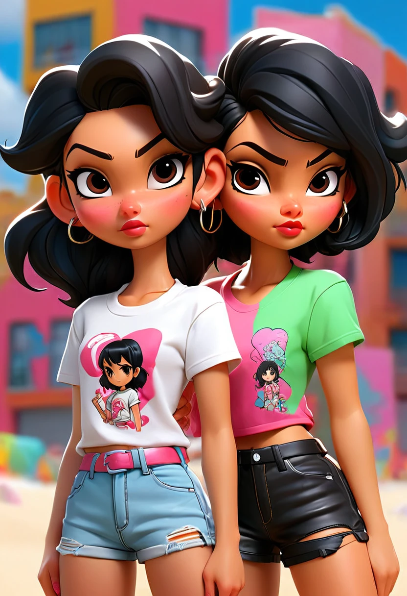 A stunning high-quality portrait of two Latina friends, styled in a chibi anime-inspired fashion, on a vibrant beach. Both young women have black hair and hazel eyes, wearing pink blouses and short jeans. Their names, "Rose" and "Josephine", are printed on their T-shirts. The background features a combination of dark fantasy, graffiti, and architecture elements, creating an urban, edgy atmosphere. The image is rendered in a 12k UHD hyper-realistic style, capturing the essence of both portrait photography and illustration., vibrant, anime, 3d render, dark fantasy, graffiti, product, fashion, poster, architecture, photo, illustration, painting, cinematic, portrait photography, typography