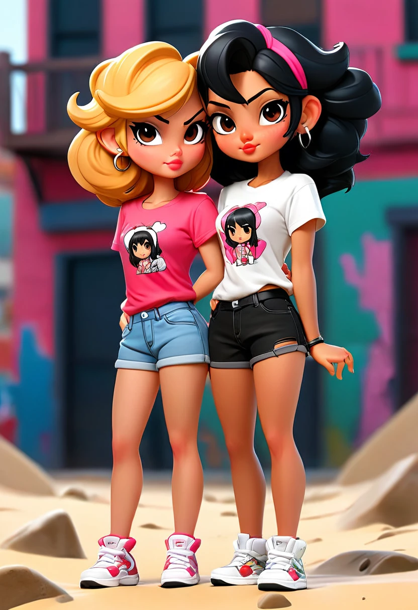 A stunning high-quality portrait of two Latina friends, styled in a chibi anime-inspired fashion, on a vibrant beach. Both young women have black hair and hazel eyes, wearing pink blouses and short jeans. Their names, "Rose" and "Josephine", are printed on their T-shirts. The background features a combination of dark fantasy, graffiti, and architecture elements, creating an urban, edgy atmosphere. The image is rendered in a 12k UHD hyper-realistic style, capturing the essence of both portrait photography and illustration., vibrant, anime, 3d render, dark fantasy, graffiti, product, fashion, poster, architecture, photo, illustration, painting, cinematic, portrait photography, typography