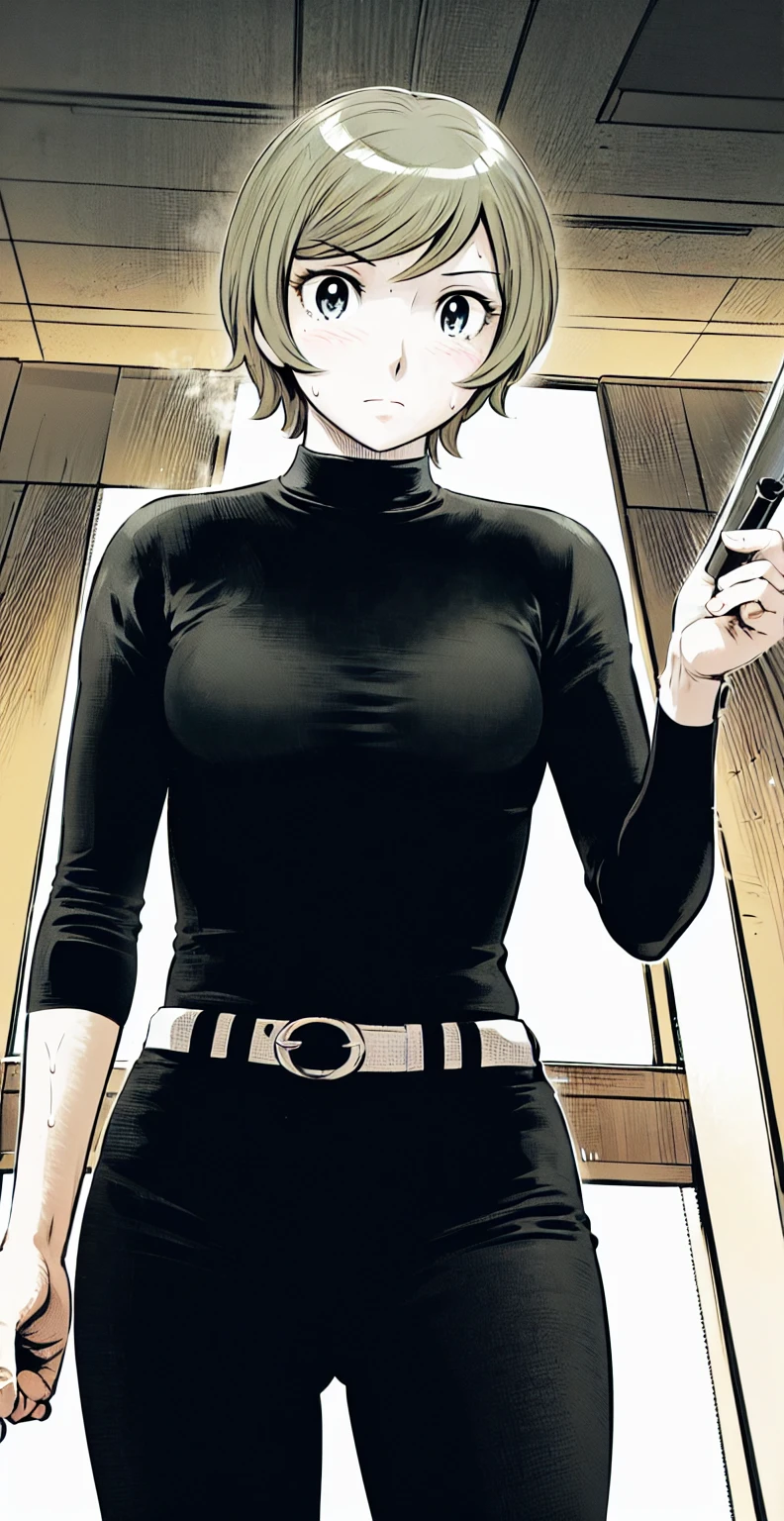 (野球uniform:1.2),
Blonde Hair, (short hair:1.2),Long sleeve, Black Shirt, turtleneck,White trousers、uniform、Black belt、((Illustration of people))、Big 、
View Audience,, (Highest quality:1.3),One Girl, White pants、uniform、indoor、baseball 、White wall、blue eyes、Tight black shirt、(masterpiece、Highest quality)、Highest quality, Ultra-high resolution, (((masterpiece))), alone, Sweat、Big eyes、Big Breasts、One Girl, Front view、Embarrassed face、Bronze colored hair、((short hair))、Stand up straight、Cowboy Shot