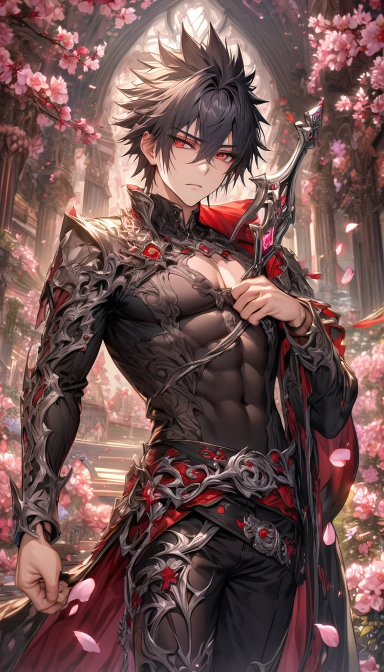 absurdres, highres, ultra detailed, HDR, master piece, best quality, Kaerius, black hair, spiked hair, hair between the eyes, expressive red eyes, Dream and Legacy, solo, sexy man holding a sword, handsome, black coat, black tight T-shirt, belt around his chest, silver accessories, fantasy, pink flowers, blossoms, magical, pink petals