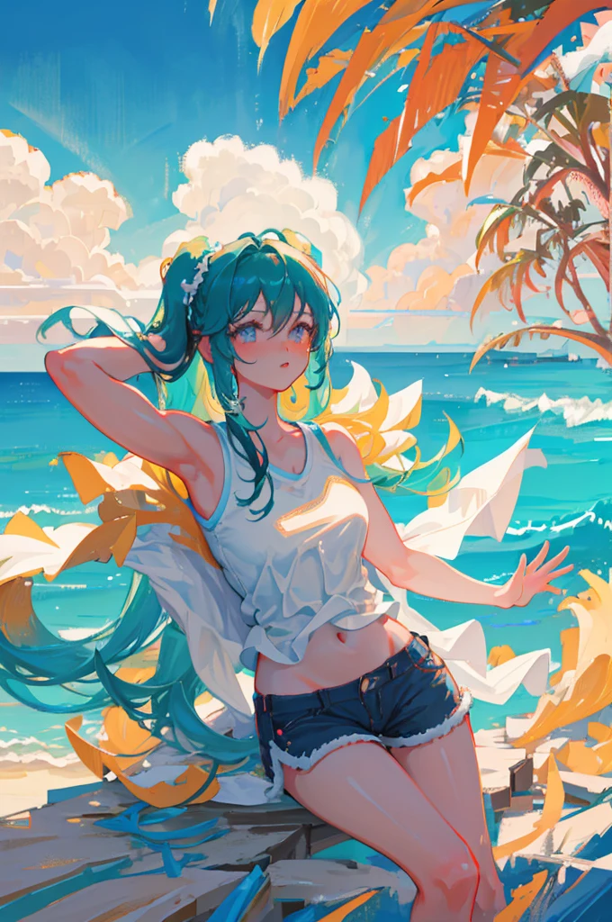 Sunnyday，sandbeach，swim wears，grin，Super detail，High quality，High details，Best quality，Best quality，Light blue hair，From behind，From above，the sea