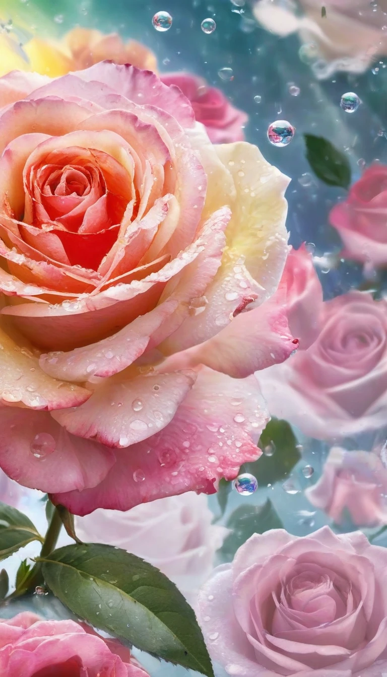 The arrival of colorful and gorgeous roses. The background features rainbow-colored powder exploding like an explosion.. Water droplets moistening a rose. It&#39;s so ridiculous.、It is difficult to distinguish the front, Close-up photography, Super detailed, Ultra-realistic, Full Body Shot,