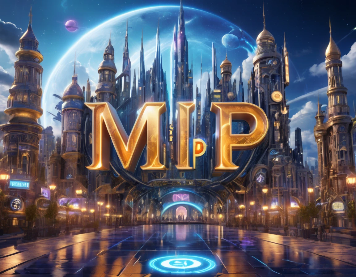a futuristic city with the word "MP" in front of it, 3d character art, single logo, inspired by Mikoláš Aleš, by Emiliano Di Cavalcanti, magic lighting overlays, in style of niko pirosmani, tvp, season 3 (1997), app, n 2, 3d cg