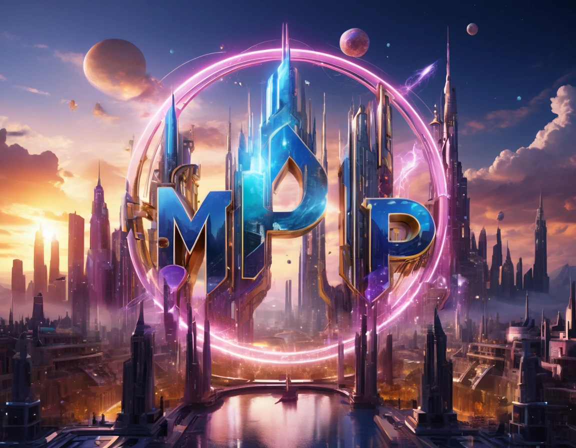 a futuristic city with the word "MP" in front of it, 3d character art, single logo, inspired by Mikoláš Aleš, by Emiliano Di Cavalcanti, magic lighting overlays, in style of niko pirosmani, tvp, season 3 (1997), app, n 2, 3d cg