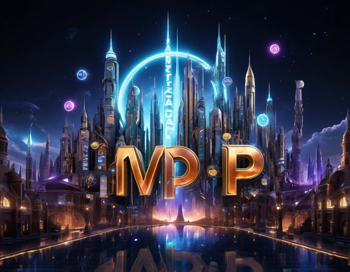 a futuristic city with the word "MP" in front of it, 3d character art, single logo, inspired by Mikoláš Aleš, by Emiliano Di Cavalcanti, magic lighting overlays, in style of niko pirosmani, tvp, season 3 (1997), app, n 2, 3d cg