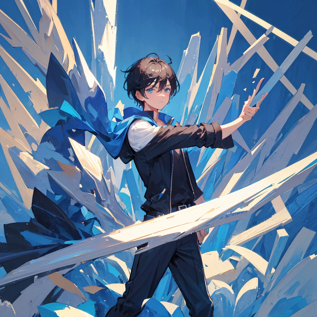 A boy holding two swords,High-spirited,Black short hair,Cold,Handsome,((Pure blue background))