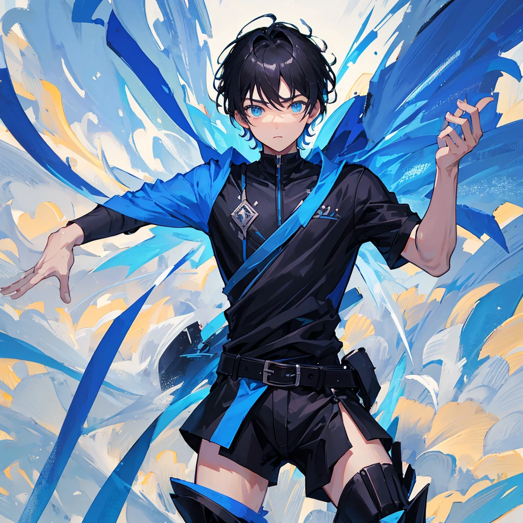 A boy holding two swords，High-spirited，Black short hair，Cold，Handsome，((Pure blue background))