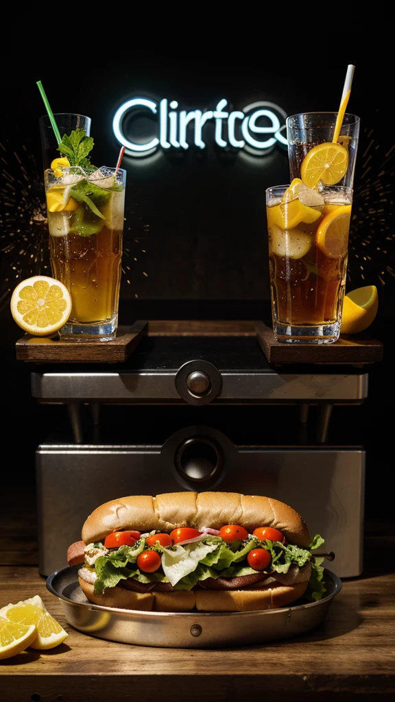 HOT hot dog, vintage soda ICE splesh and crazy slices of lettuce and tomato with black gears gradient background with a cool and powerful engine metal chrome accents, slices of oranges and lemons hyper realistic details of liquid neon splesh highlighting the word "FOOD DRINK" in the upper neon