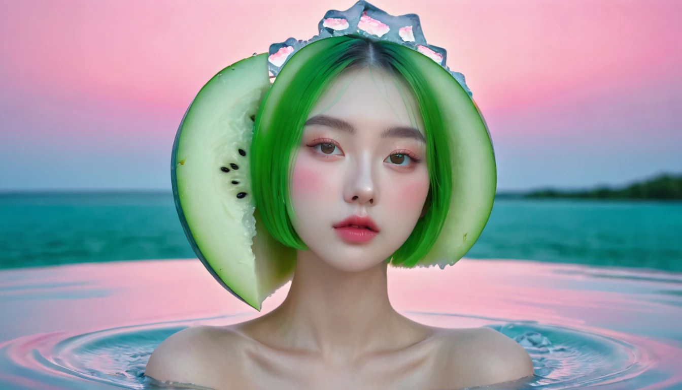 Summer Watermelon Girl，Dopamine teenage， Cool summer days，Chilled watermelon，Ice cubes，The watery girl，Delicate skin，Hydration，Shiny，Shiny，dream，Front view，bust，pearl