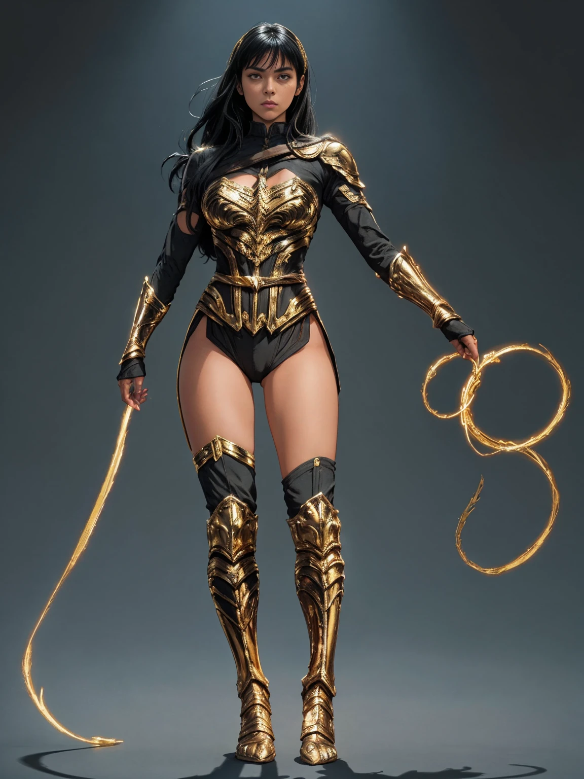 ((Full body photo, standing, feet on the ground)) Yara_flor DC, A warrior, black hair, dynamic pose and yellow eyes, in her hands the lasso of truth, heroine pose, wearing black and gold Yara Flor armor
