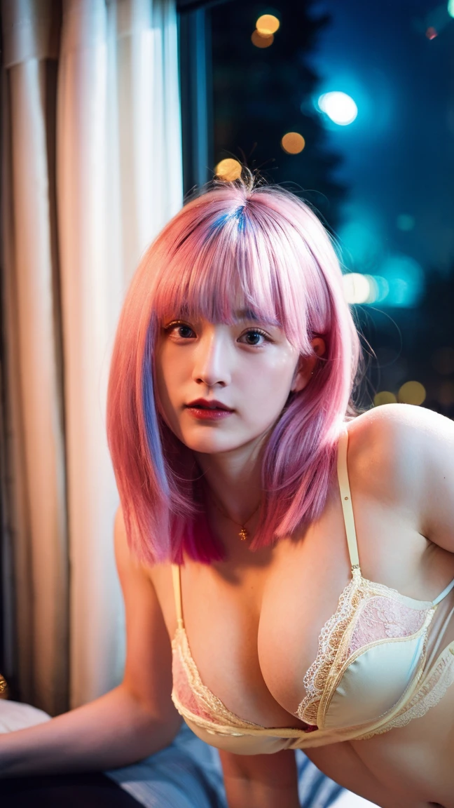 1 Girl, Beautiful, , 20 Years Old, White Skin, Saggy Colossal Breasts, Sexy Pose, Wearing Lingerie Dress, (Golden Lingerie Outfit), Blue Eye, Muscles, Bokeh, ((night:1.3)), ((dark:1.3)), Hotel Room Background, Masterpiece, Dizzy, Foggy, ((Pink Hair)), Twintails, Pink Coloured