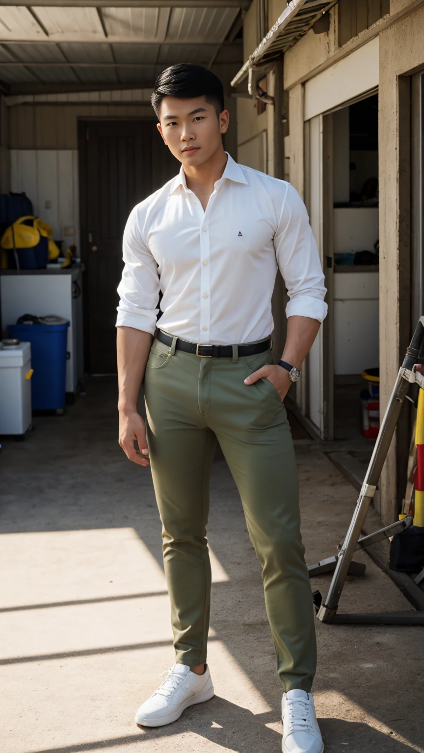 RAW, Best quality, high resolution, (masterpiece: 1.3), full body image, muscular asian young woman in shirt, pants, shoes, Masterpiece, young man face, cute man face, cleanshaven, bright skin, rough skin, fierce eyes, soft smile, standing in a garage, masculine gesture, strong expression, body facing viewer, looking to viewer, at noon, Great lighting, great sunlight, Bright colors, Ultra realistic clean lines, very realistic