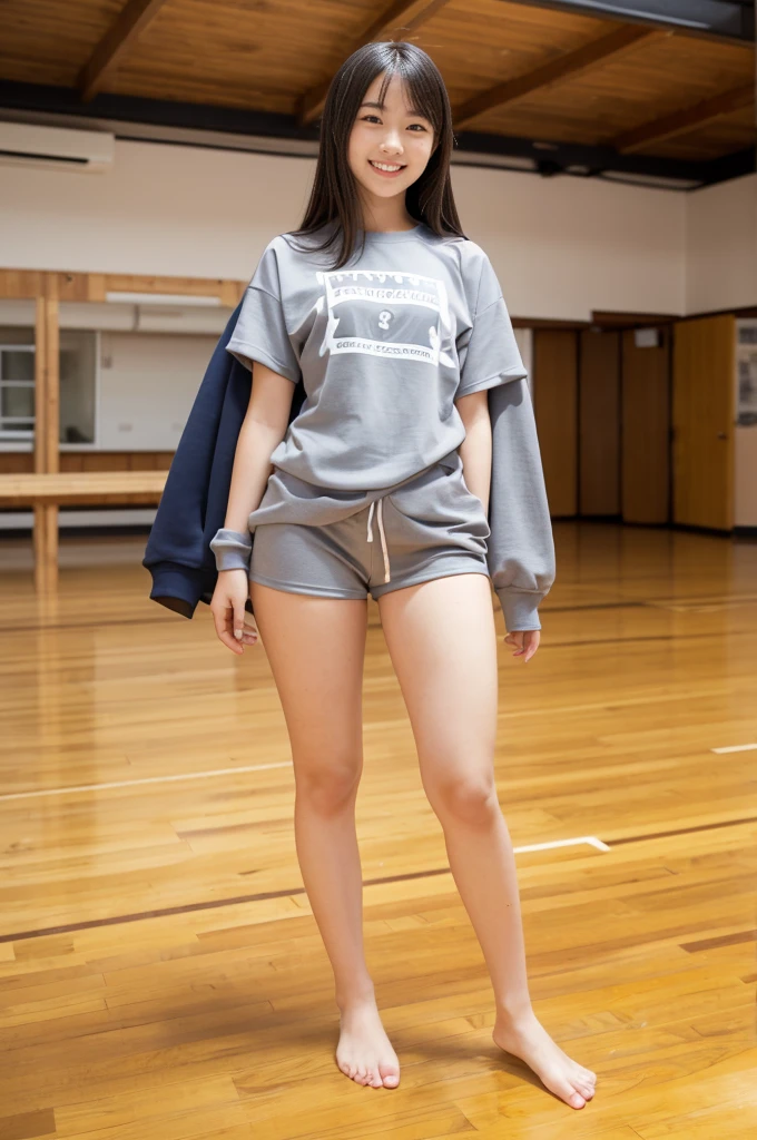 A girl, 18yo, cute smile girl, ((thin body,oversized T-shirt)), (gray tracksuit bottoms), (((thick legs))), medium, in wooden floor school gym, half open mouth, (standing, view from front), full body shot, (barefoot)