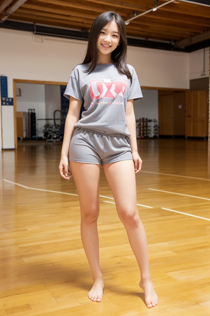A girl, 18yo, cute smile girl, ((thin body,oversized T-shirt)), (gray tracksuit bottoms), (((thick legs))), medium, in wooden floor school gym, half open mouth, (standing, view from front), full body shot, (barefoot)