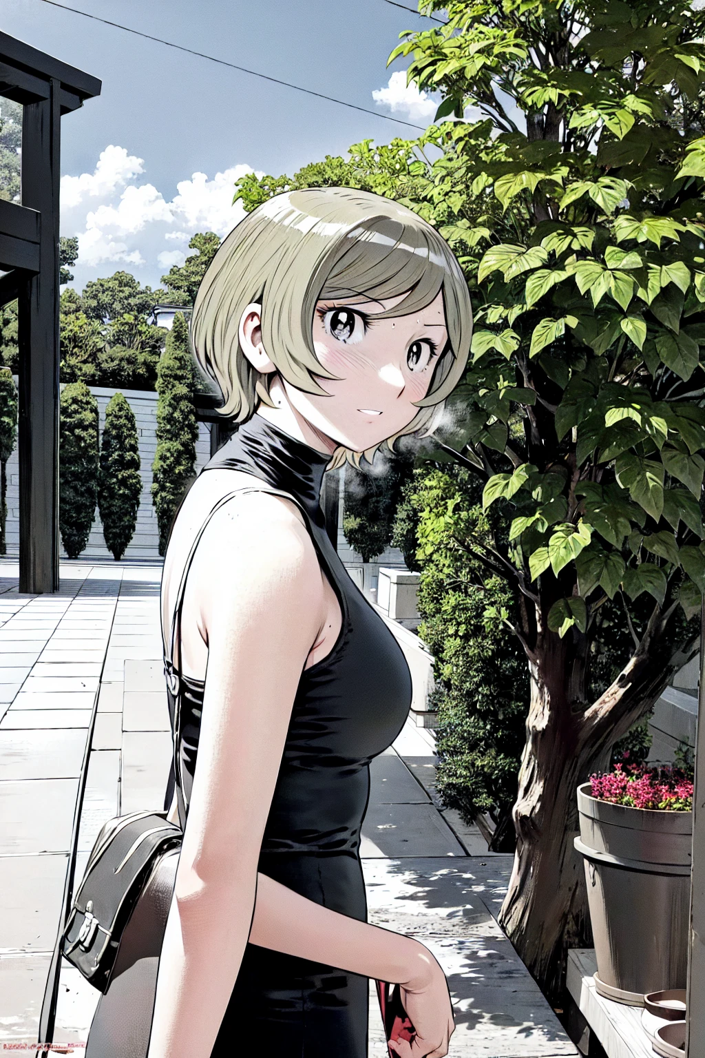 、(masterpiece、Highest quality)、Highest quality, Ultra-high resolution, (((masterpiece))), alone, Sweat、Big eyes, No sleeve、Outdoor、Floral dress、Composition from the front、(Cut the back hair short、short hair、blonde、woman)、Shortcuts、Embarrassed face、Cut your hair short、可愛いwomanの子、Big Breasts、NSFW