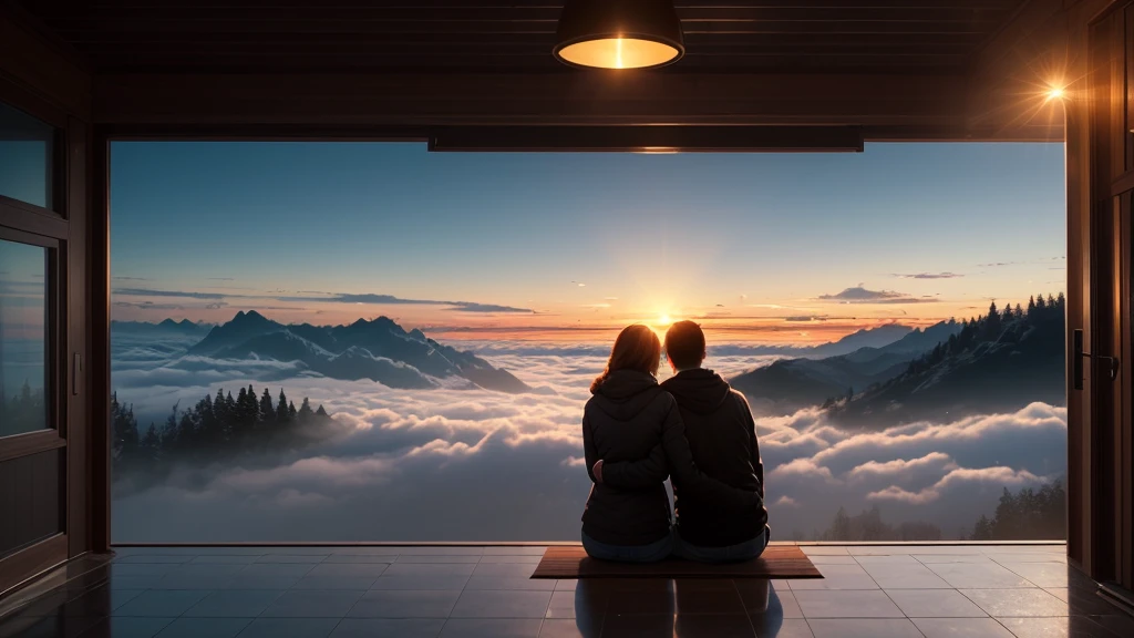 (dawn:1.5), Couple sitting on a hill, (Super detailed:1.5), 32k, Movie angle, floating, (Detailed light), Beautifully detailed skies, (Lighting particles), fog, snow, (Painting), (sketch), Realistic texture, Luxury Hire: 1.7, Luxury Hirer: 4 times_NMKD-Siax_200,000, Noise reduction strength: 0.45, (figure), Cinema Lighting, (bloom), Luminism, silhouette, Backlight, Cast a Shadow, Ultra Wide Angle