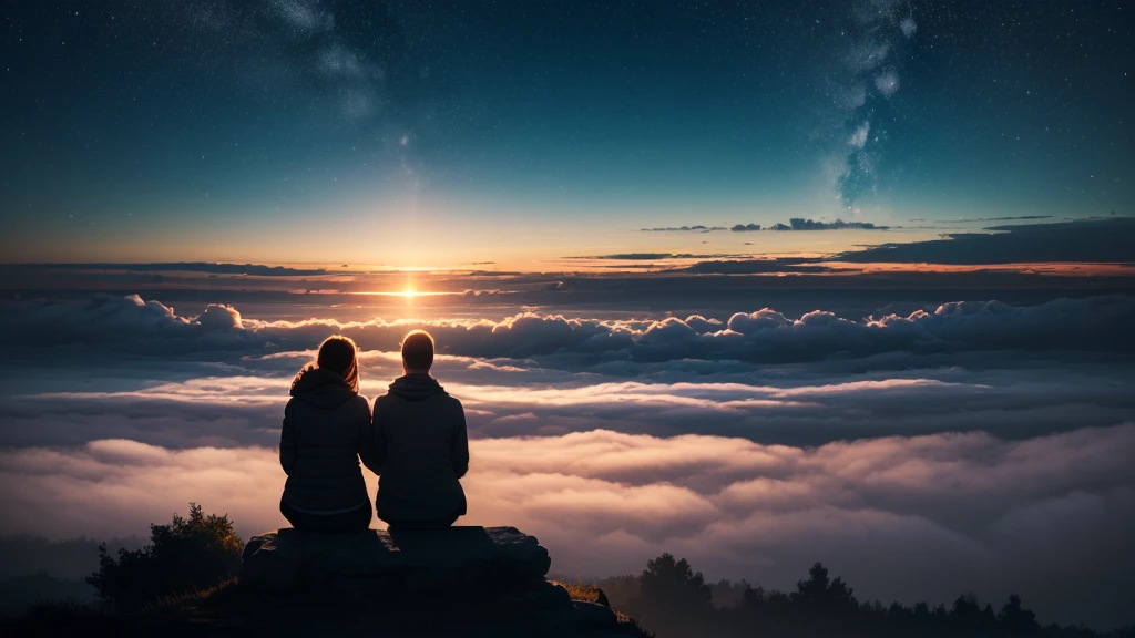 (dawn:1.5), Couple sitting on a hill, (Super detailed:1.5), 32k, Movie angle, floating, (Detailed light), Beautifully detailed skies, (Lighting particles), fog, snow, (Painting), (sketch), Realistic texture, Luxury Hire: 1.7, Luxury Hirer: 4 times_NMKD-Siax_200,000, Noise reduction strength: 0.45, (figure), Cinema Lighting, (bloom), Luminism, silhouette, Backlight, Cast a Shadow, Ultra Wide Angle