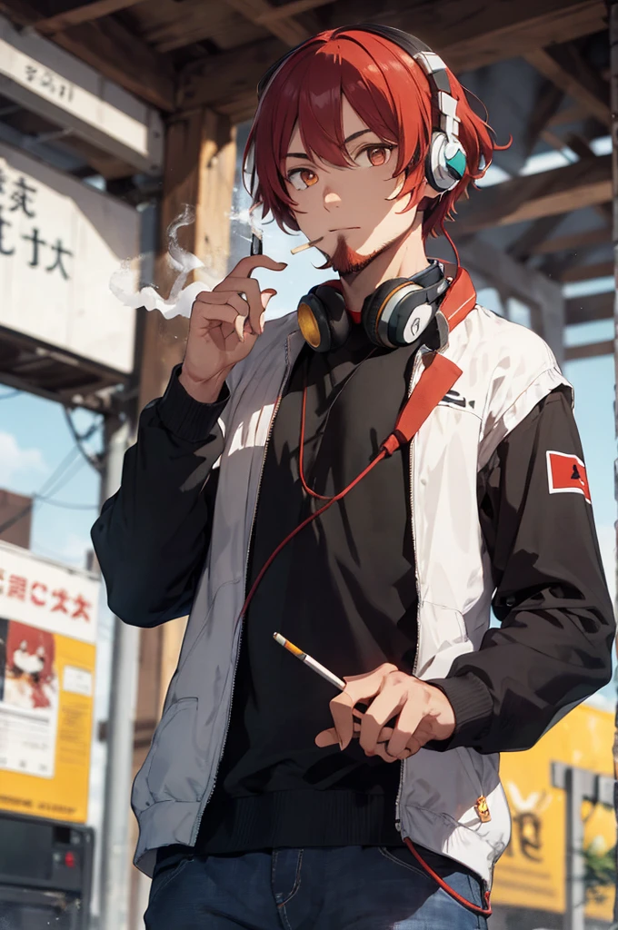 DJ with red hair, golden eyes, beard, smoking a cigarette, headphones around his neck, dressed as an Arab oil tycoon.