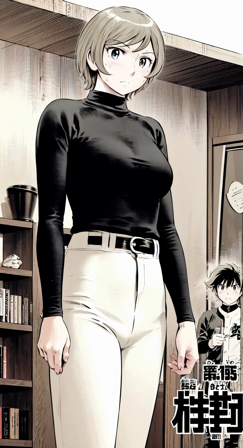 (野球uniform:1.2),
Blonde Hair, (short hair:1.2),Long sleeve, Black Shirt, turtleneck,White trousers、uniform、Black belt、((Illustration of people))、Big 、
View Audience,, (Highest quality:1.3),One Girl, White pants、uniform、indoor、baseball 、White wall、blue eyes、Tight black shirt、(masterpiece、Highest quality)、Highest quality, Ultra-high resolution, (((masterpiece))), alone, Sweat、Big eyes、Big Breasts、One Girl, Front view、Embarrassed face、Bronze colored hair、((short hair))、Stand up straight、Cowboy Shot