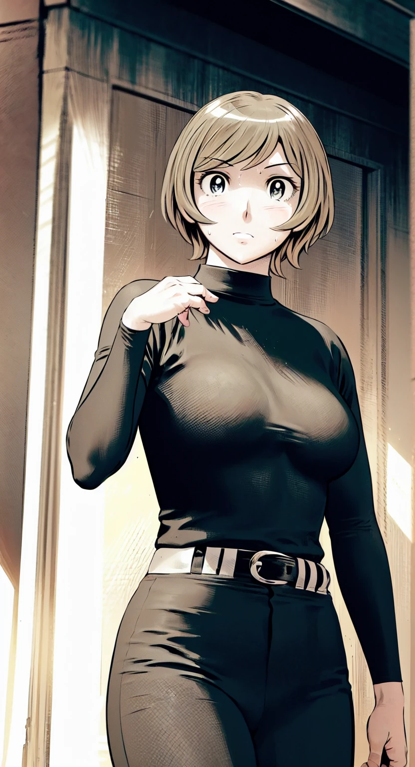 (野球uniform:1.2),
blonde, (short hair:1.2),Long sleeve, Black Shirt, turtleneck,White trousers、uniform、Black belt、((Illustration of a person))、big 、Muddy、Soil stains、ドロドロのuniform、
View your audience,, (Highest quality:1.3),One Girl, White pants、uniform、Outdoor、baseball ground、ground、soil、blue eyes、Tight black shirt、(masterpiece、Highest quality)、Highest quality, Ultra-high resolution, (((masterpiece))), alone, Sweat、big eyes、、Torn clothes、 Fully exposed、Nipples、OneFront view、Embarrassed face、Bronze colored hair、((short hair))、Stand up straight、Cowboy Shot
