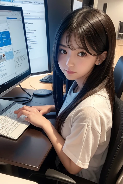 1girl, Work, head to the computer
