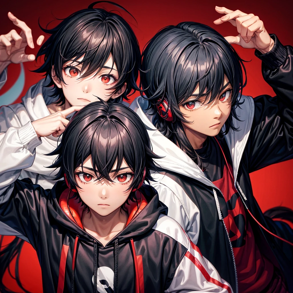 One Black hair boy,Anime,black and red hoodie, light background, headphones on head