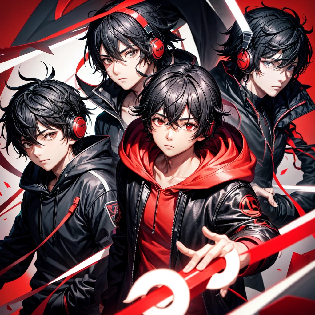 One Black hair boy,Anime,black and red hoodie, light background, headphones on head