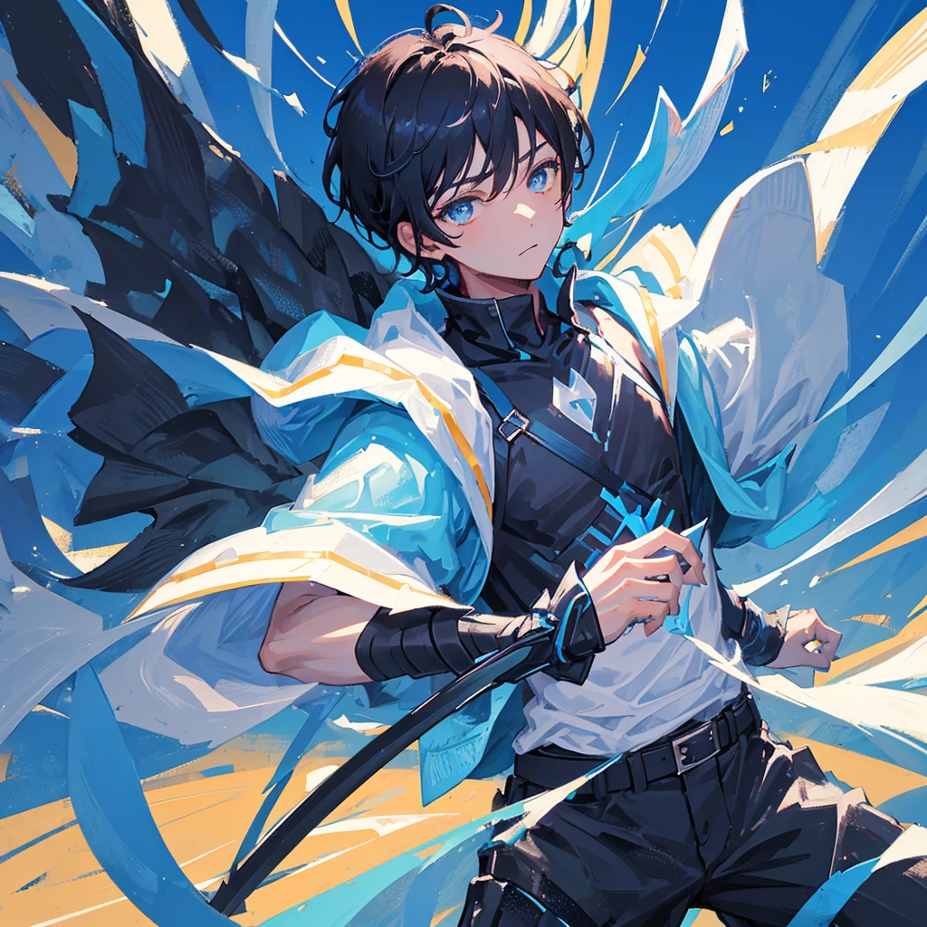A boy holding two swords,High-spirited,Black short hair,Cold,Handsome,((Pure blue background))