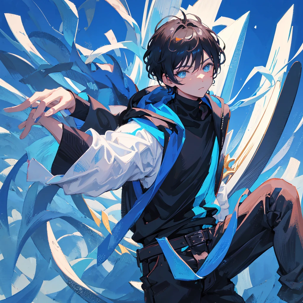 A boy holding two swords,High-spirited,Black short hair,Cold,Handsome,((Pure blue background))