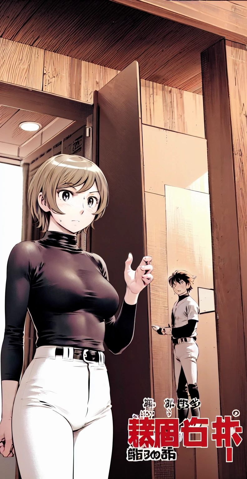 (野球uniform:1.2),
Blonde Hair, (short hair:1.2),Long sleeve, Black Shirt, turtleneck,White trousers、uniform、Black belt、((Illustration of people))、Big Boobs、
View Audience,, (Highest quality:1.3),One Girl, White pants、uniform、indoor、baseball 、White wall、blue eyes、Tight black shirt、(masterpiece、Highest quality)、Highest quality, Ultra-high resolution, (((masterpiece))), alone, Sweat、Big eyes、Big Breasts、One Girl, Front view、Embarrassed face、Bronze colored hair、((short hair))、Stand up straight、Cowboy Shot