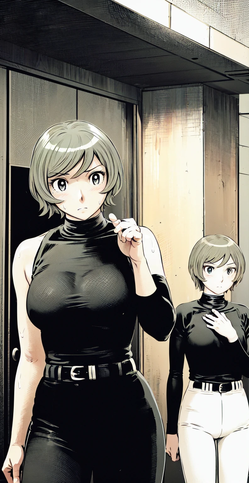 (野球uniform:1.2),
Blonde Hair, (short hair:1.2),Long sleeve, Black Shirt, turtleneck,White trousers、uniform、Black belt、((Illustration of people))、Big Boobs、
View Audience,, (Highest quality:1.3),One Girl, White pants、uniform、indoor、baseball 、White wall、blue eyes、Tight black shirt、(masterpiece、Highest quality)、Highest quality, Ultra-high resolution, (((masterpiece))), alone, Sweat、Big eyes、Big Breasts、One Girl, Front view、Embarrassed face、Bronze colored hair、((short hair))、Stand up straight、Cowboy Shot