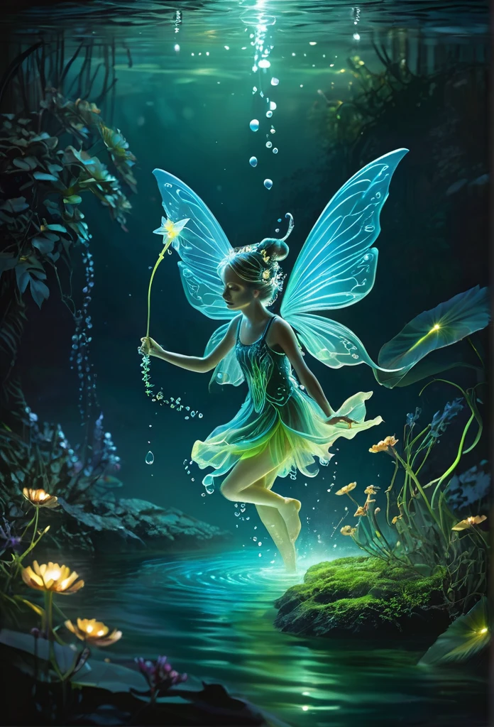 Bioluminescent fairy playing in the water,magic background, refined details