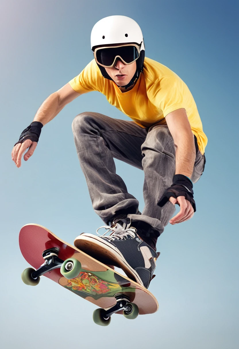 skateboarder all prepared with helmet, knee pads and skateboard, jumping, close-up, photographic quality, detailed, neutral background, digital art,
