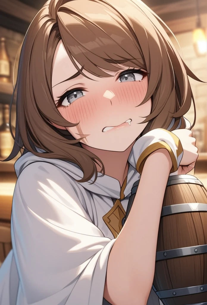 Adult Female, Short brown hair, grey eyes, scar on left cheek, drunk, white on white cleric robes, fantasy tavern, drinking from tankard, not looking, highly detailed, extreme detail, high quality, perfect anatomy, sad