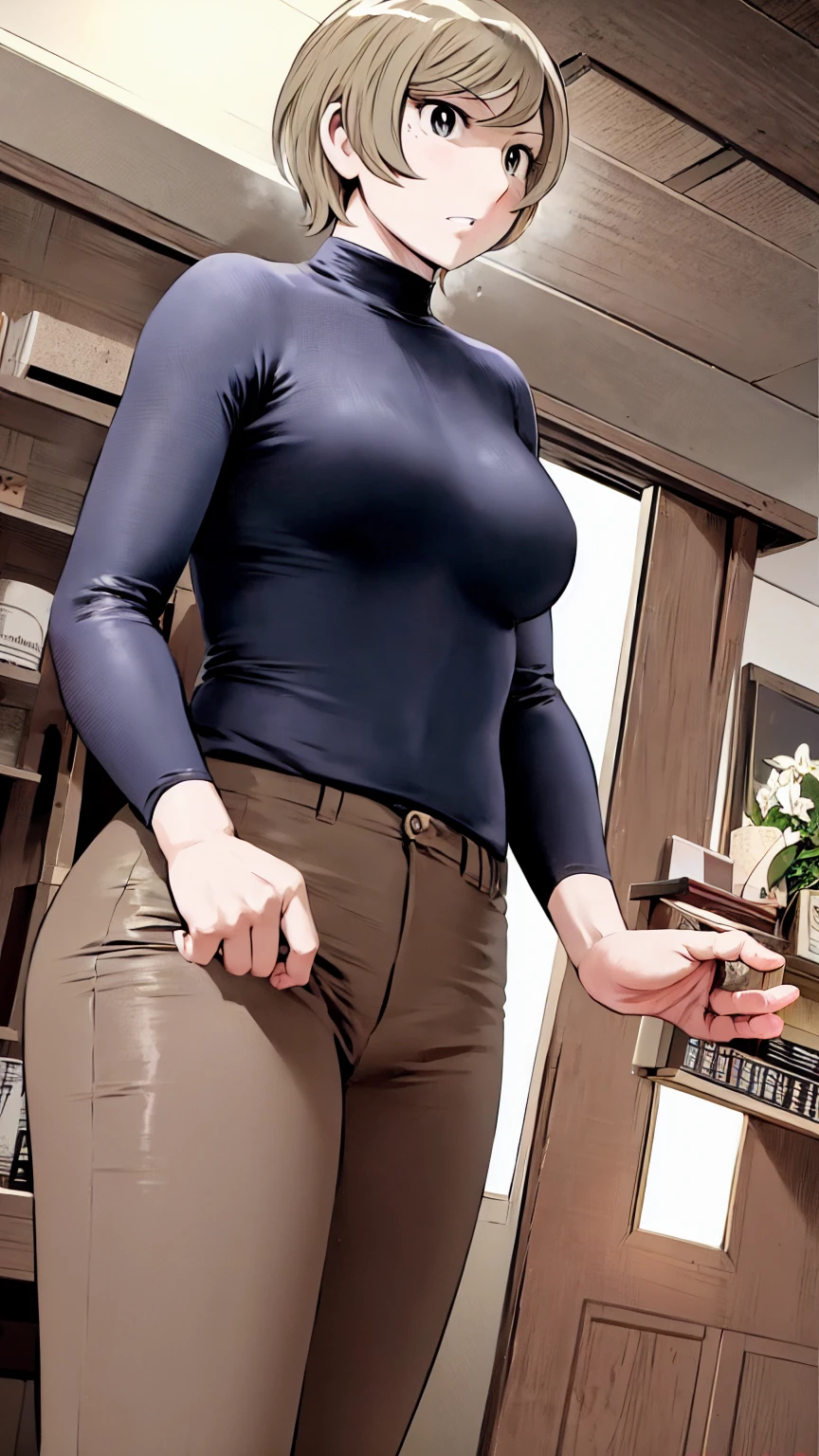 、(masterpiece、Highest quality)、Highest quality, Ultra-high resolution, (((masterpiece))), alone, Sweat、Big eyes,office、Tight shirt、Tight suit、Tight pants、indoor、Composition from the front、(Cut the back hair short、short hair、blonde、woman)、Shortcuts、Embarrassed face、Cut your hair short、可愛いwomanの子、Big Breasts