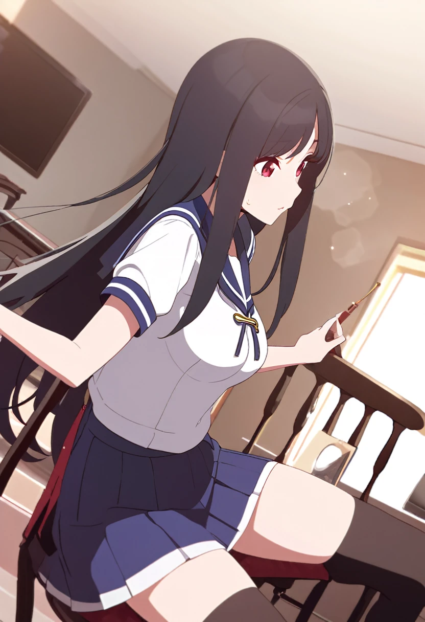 (One tall woman,Black Hair,Long hair,Red Eyes,Dynamic Angle,Slightly larger breasts,Slightly wider thighs)Woman sitting on chair,Summer uniform sailor,Short skirt,Black long tights,The background is the living room