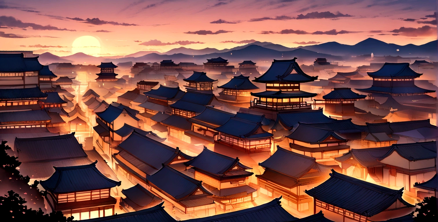 masterpiece, sunset, ancient japan city with sakura flowers