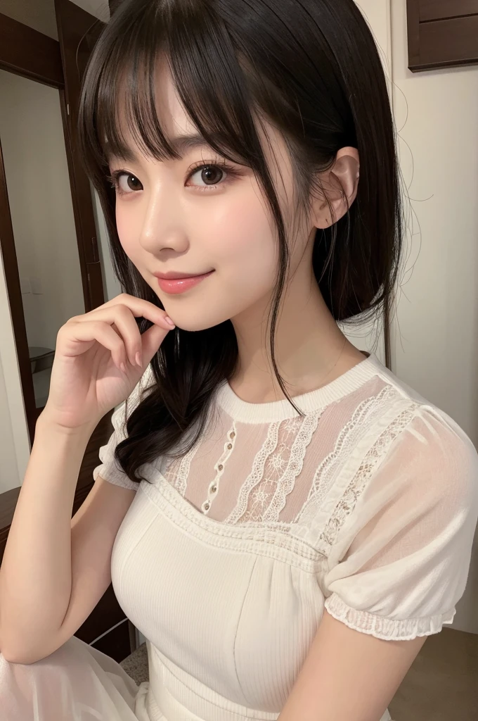 ((Highest quality)), ((masterpiece)), (detailed), Japanese, Age 25, Beauty, Front face, sexy,Face close-up,smile,Long Black Hair、With bangs、White dress、Inside the room