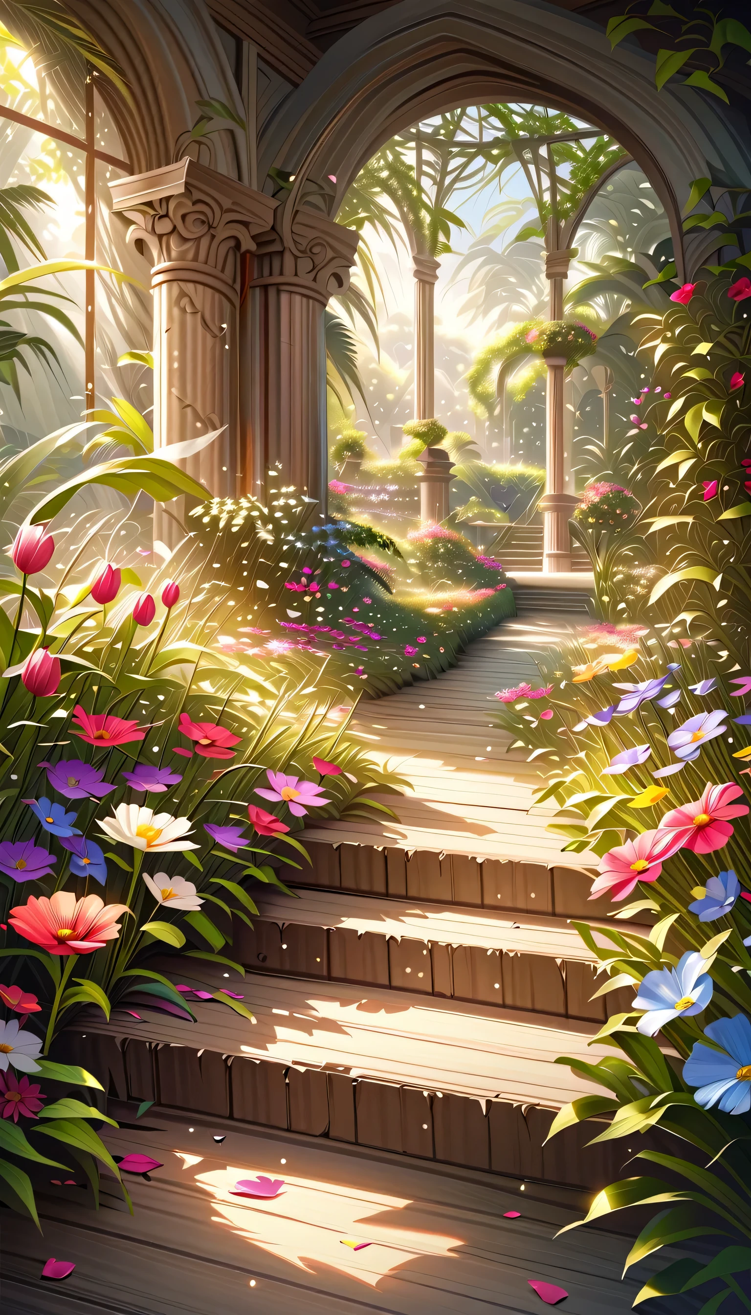 Garden of colorful flowers, Vibrant colors, Fine petals, The sunlight peeks through, Breeze, Fun atmosphere, High-resolution artwork, Realistic and crisp, Soft and natural lighting effects, Blooming Flowers, A variety of flowers, Beautifully constructed composition, Meticulous attention to detail, Realistic texture, Botanical paradise.