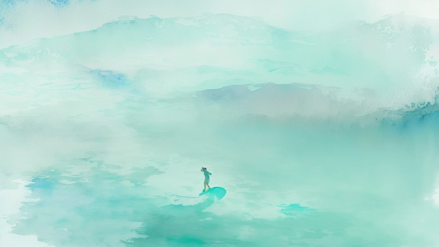 there is a picture of a watercolor painting of a person on a surfboard, flat water color texture, watercolor background, teal landscape, watercolor texture, muted water color, digital watercolor, cyan mist, textured turquoise background, watercolor-wash, watercolour, watercolor wash, mist, watercolor digital painting, floating. greenish blue, smeared watercolours, watercolored