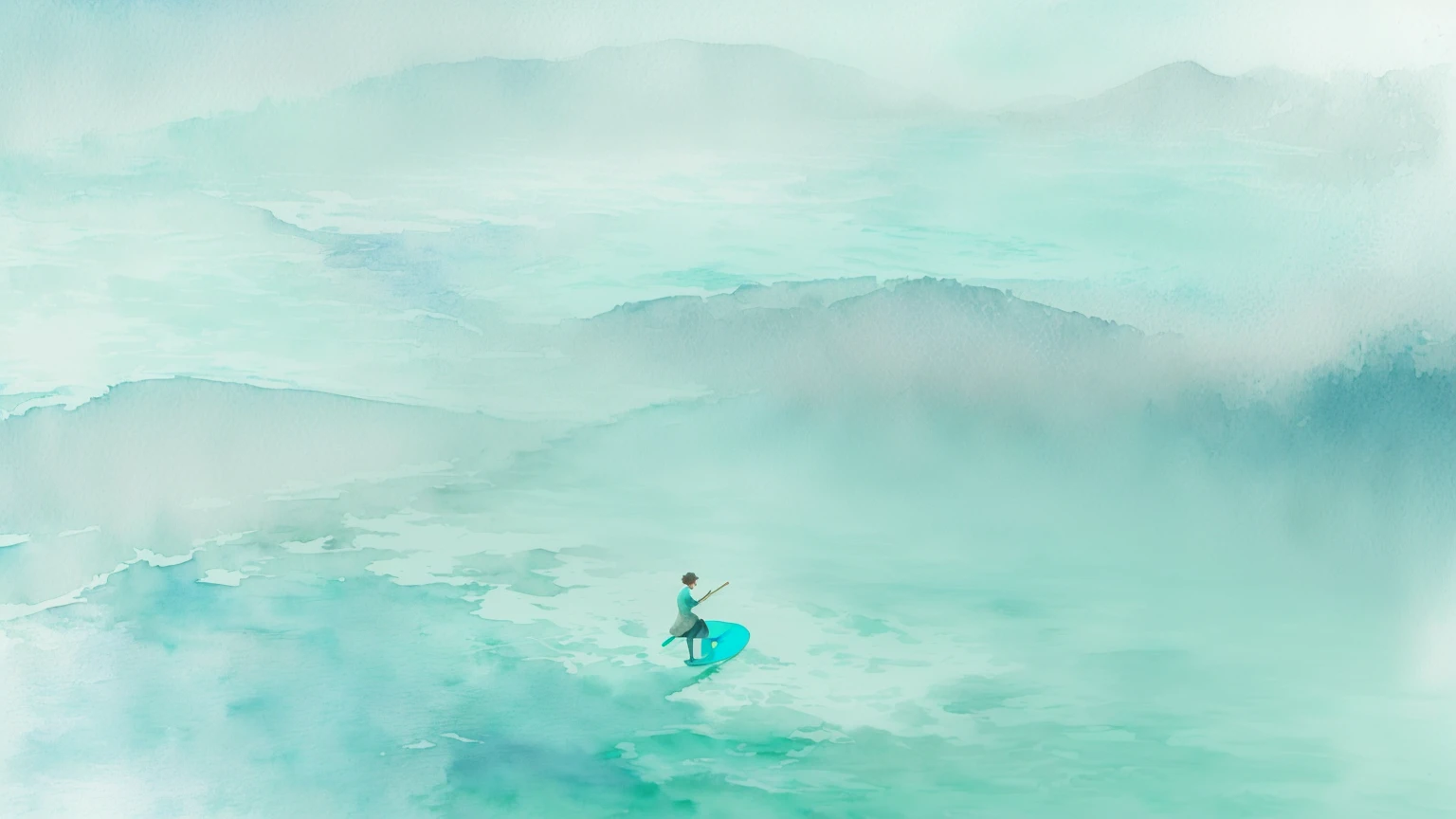 there is a picture of a watercolor painting of a person on a surfboard, flat water color texture, watercolor background, teal landscape, watercolor texture, muted water color, digital watercolor, cyan mist, textured turquoise background, watercolor-wash, watercolour, watercolor wash, mist, watercolor digital painting, floating. greenish blue, smeared watercolours, watercolored