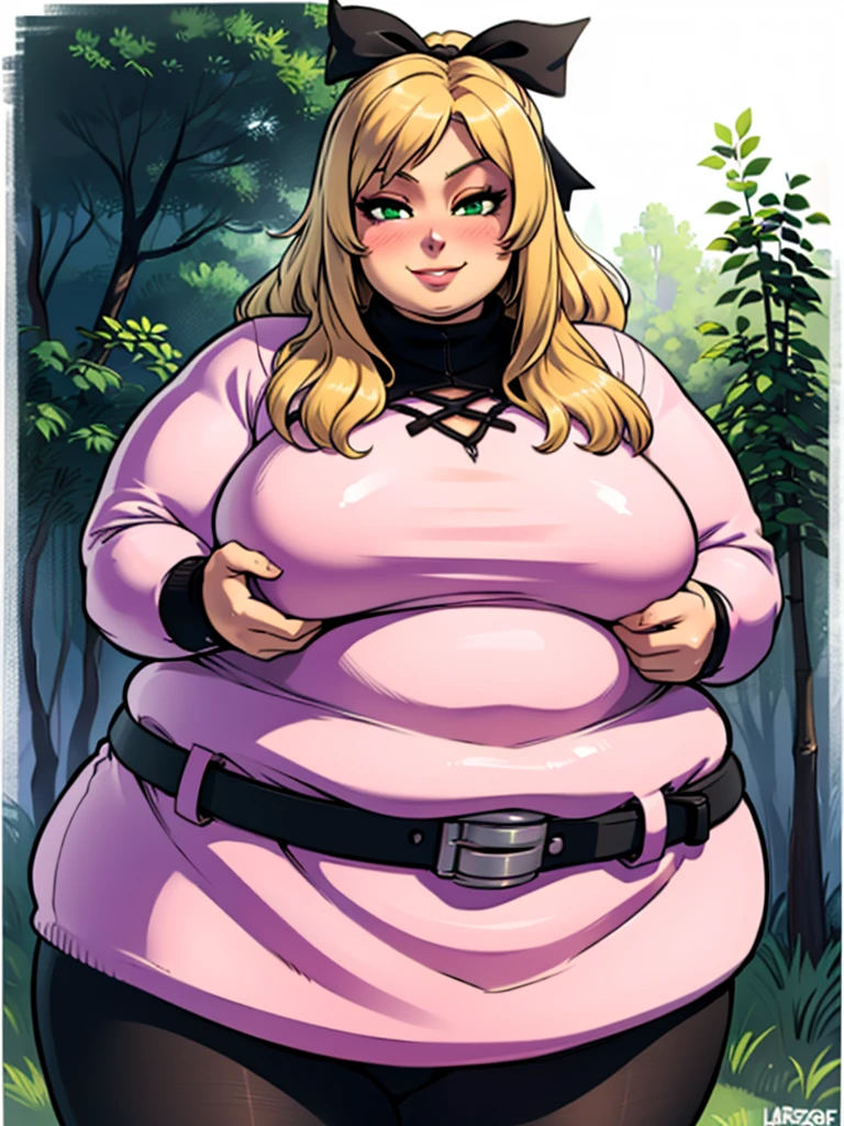 high_aesthetic,art by Lazorchef, ((Masterpiece, best quality, perfect lighting, amazing shading)), perfect anatomy, field of depth, extremely beautiful, long blonde hair, hair ribbons, green eyes, sweater dress, pantyhose, cute smile, (immobile), belt, blushing, (cowboy shot), (elegant pose), simple background